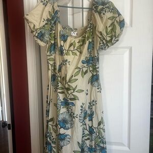 Elegant Floral Midi Dress with Puff Sleeves